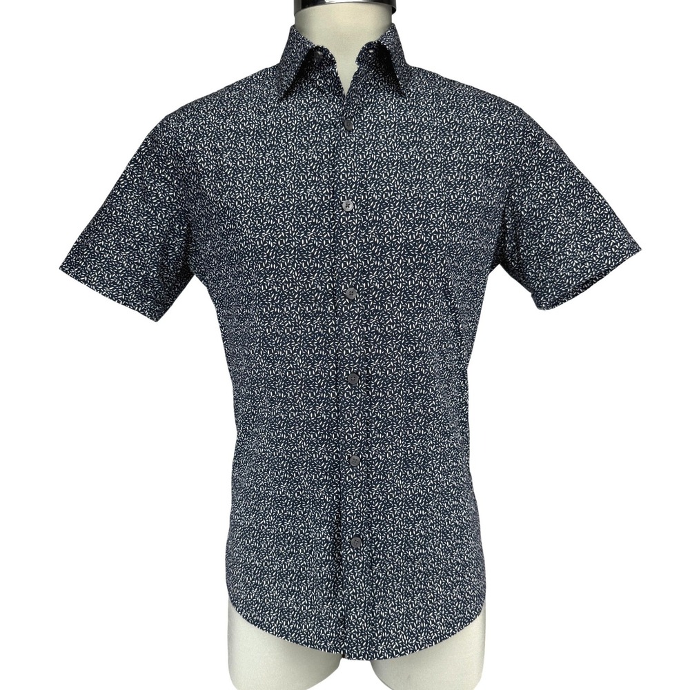 MICHAEL KORS Slim Fit Stretch Cotton Short Sleeve Navy‎ Blue Leaf Print Shirt S
